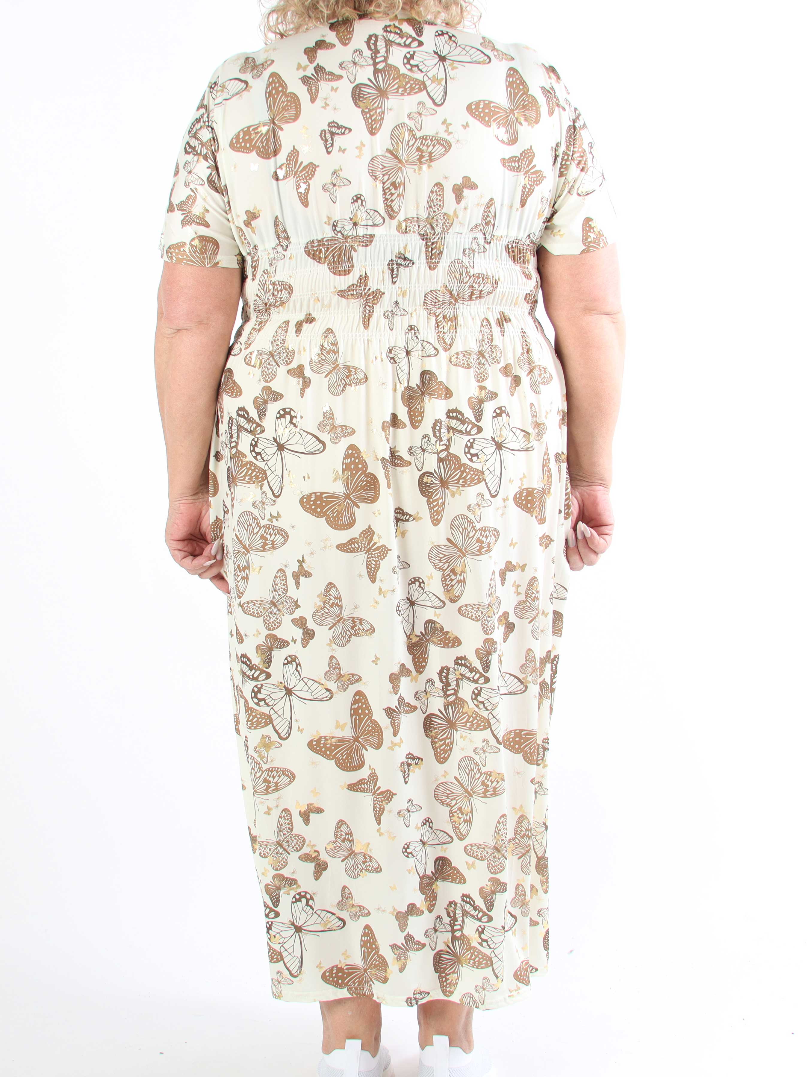 Pams Butterfly - Lång elastisk plus size-klänning med smockad midja